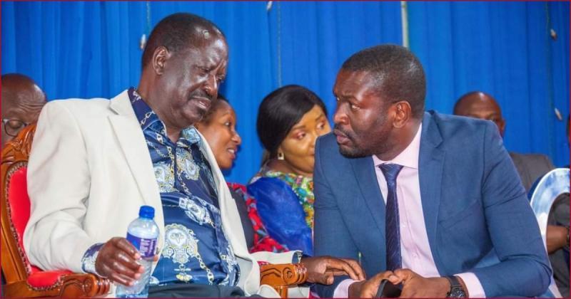 ODM secretary general Edwin Sifuna sharing a moment with party leader Raila Odinga.